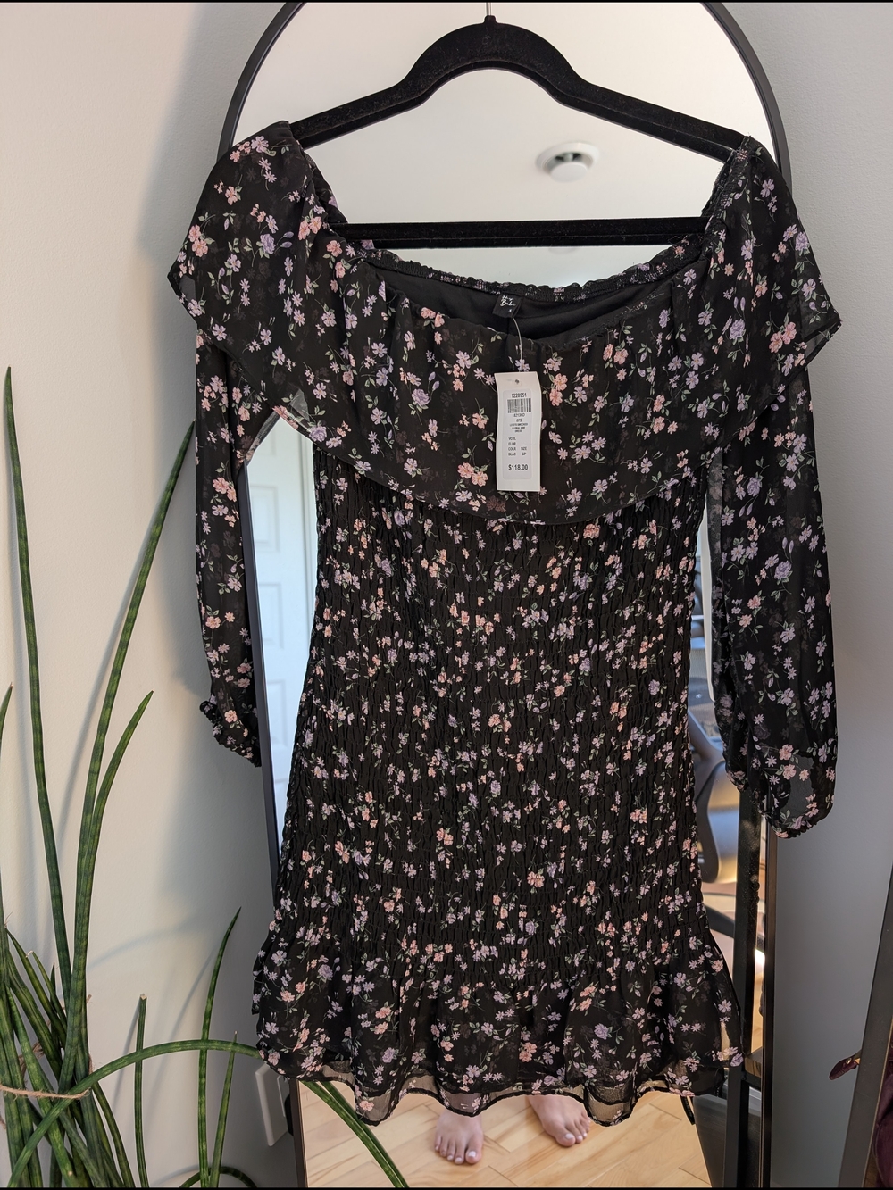 Floral Off-the-Shoulder Mini Dress in Black with Pink Blossoms